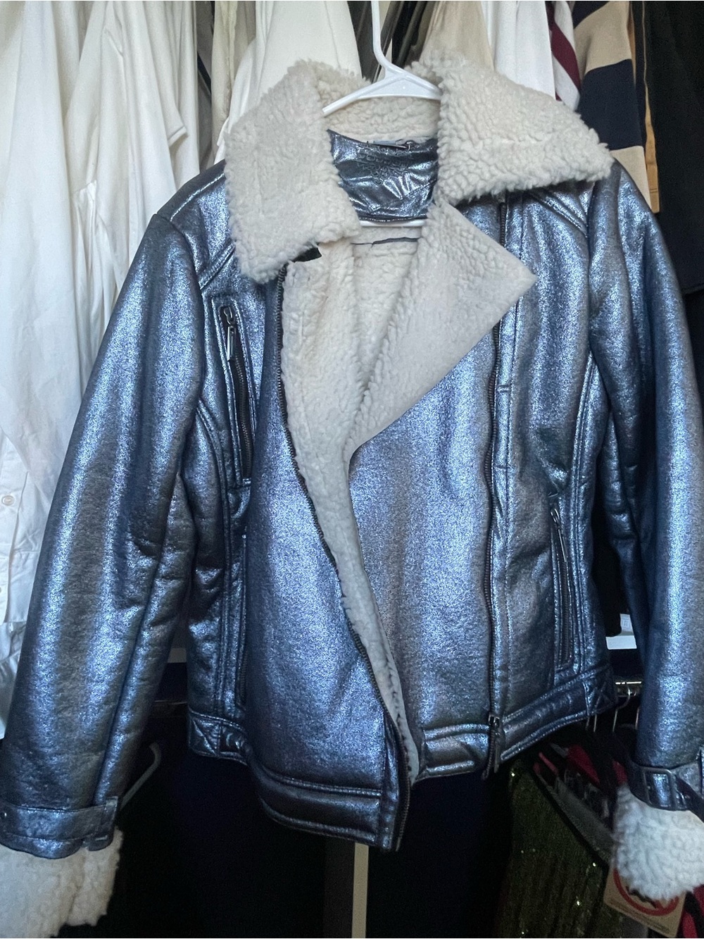 Jou Jou Metallic Silver Faux Shearling Biker Jacket